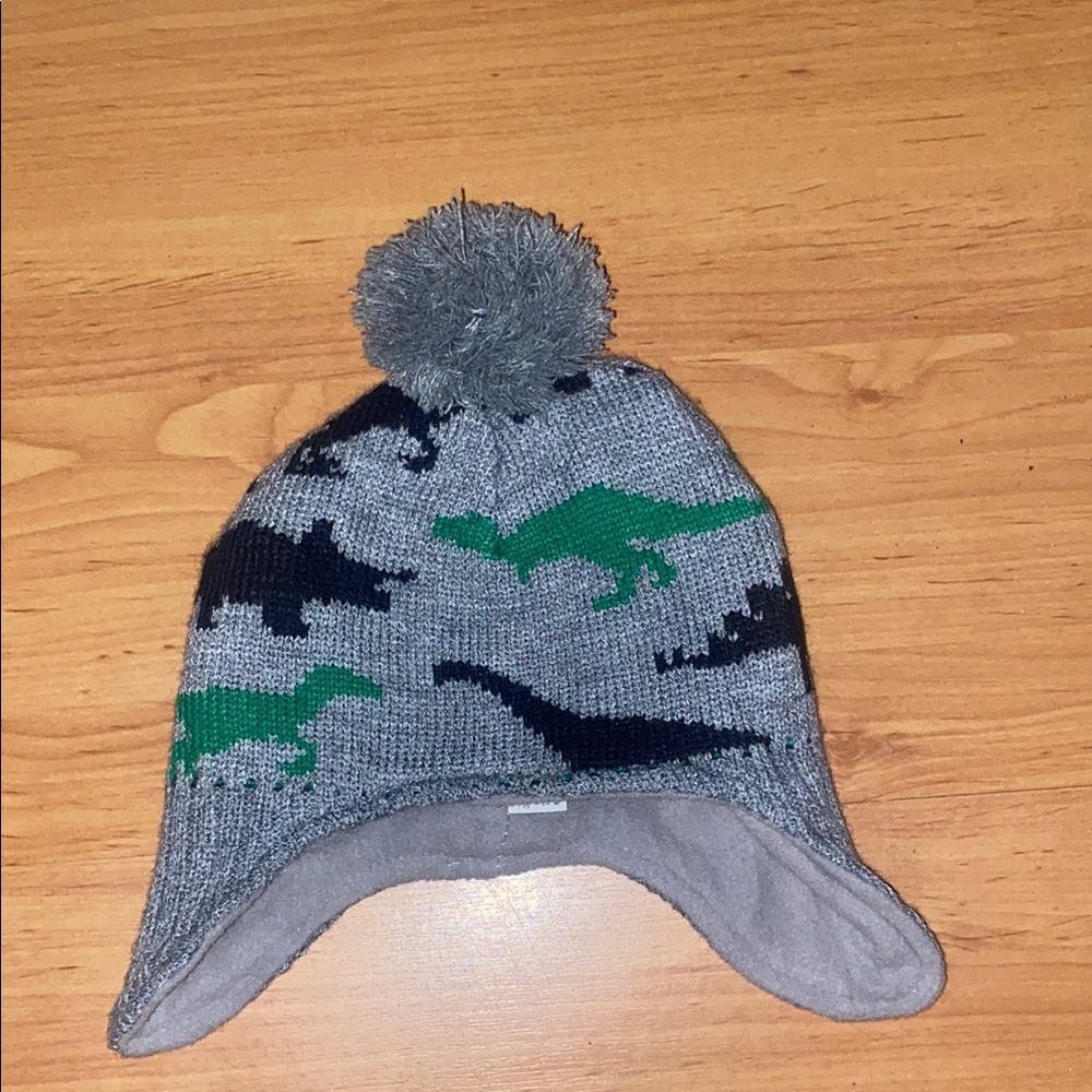 Gray Dinosaur Pom-Pom Knit/Fleece Beanie. NWOT.